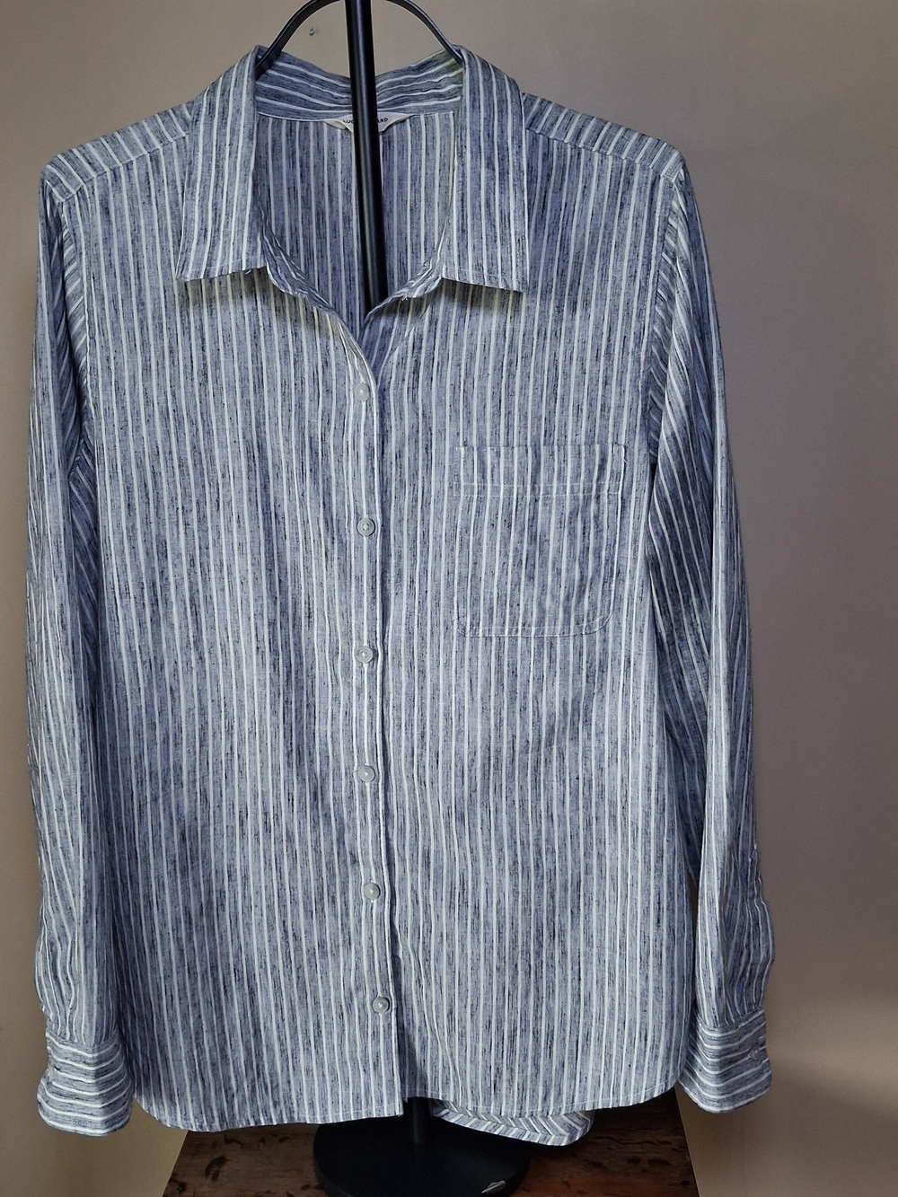 Lucky Brand Blue & White Striped Button-Up Top; Sz L; Unique Back Button Detail